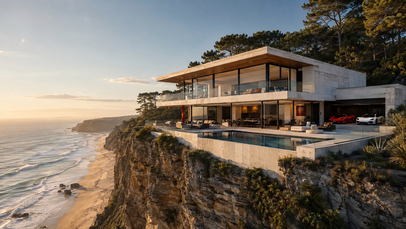 Architectural concept of a two-storey cliff house with an ocean-facing pool and garage